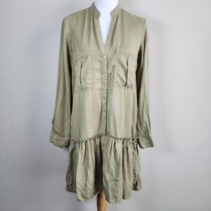Zara Shirt Dress Womens XS Olive Tiered Ruffle Safari Boho Prairie Cottage Farm